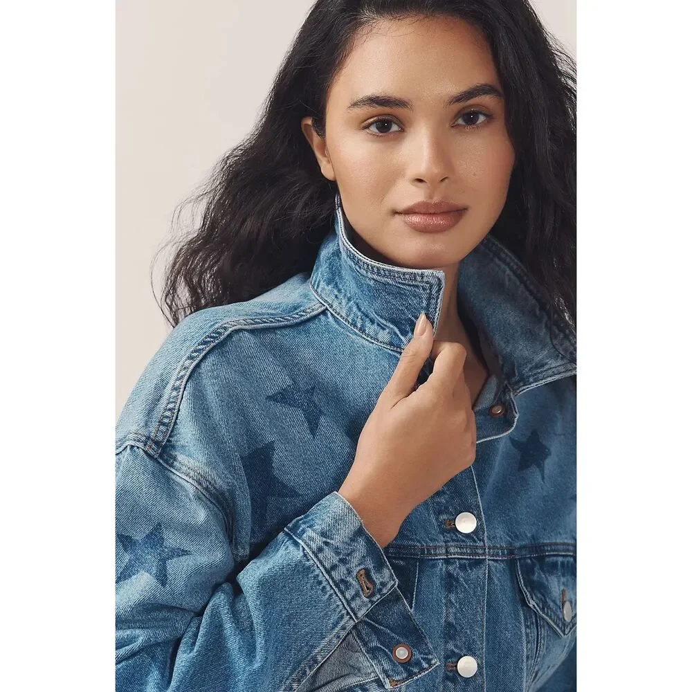 New Anthropologie The Weston Denim Boyfriend Jacket by Pilcro: Star Print Editio - Picture 5 of 15
